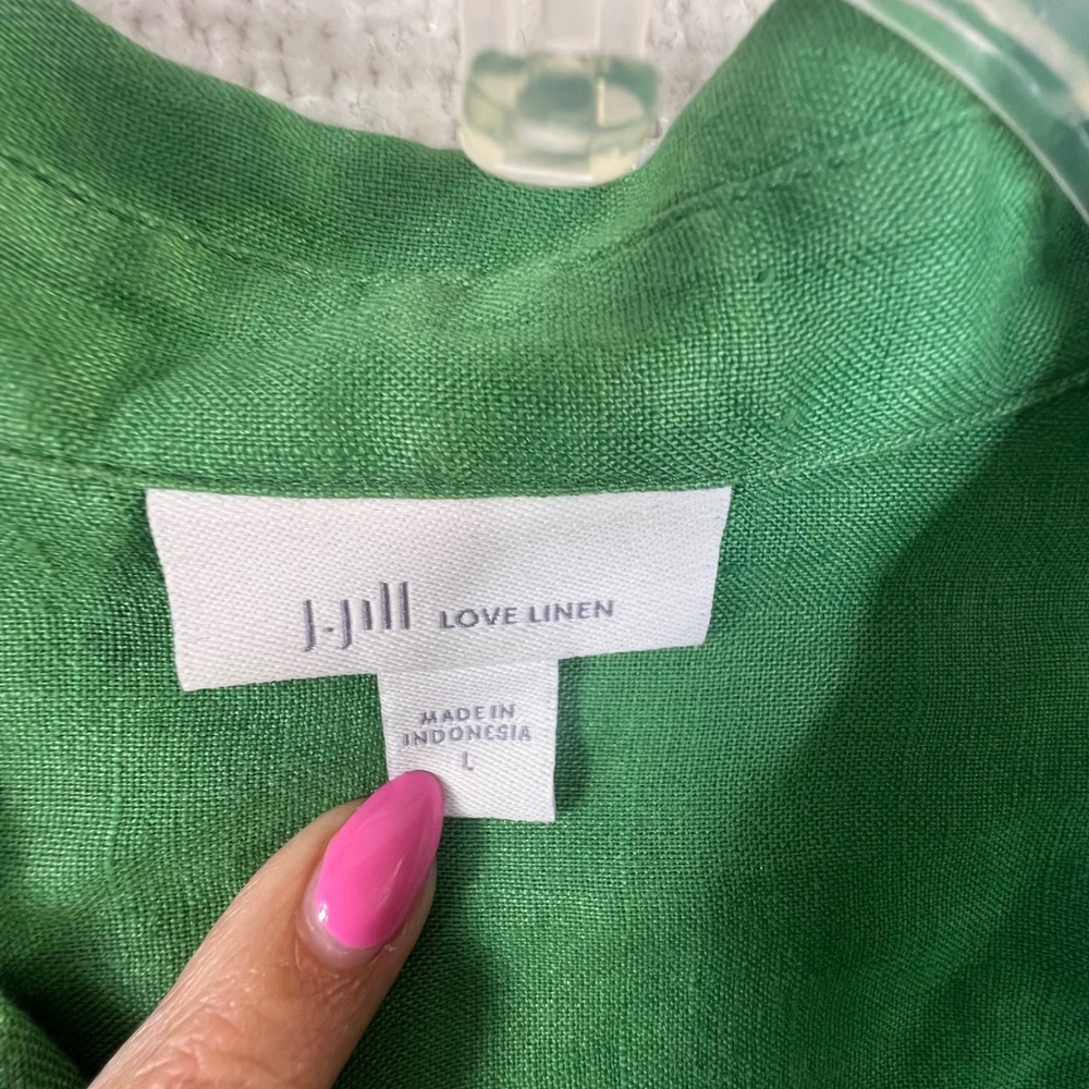 J. Jill Love Linen Green Button Front Roll Tab Sleeve Shirt Large 100% Linen - Picture 7 of 9
